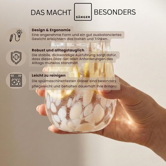 Sänger Trinkgläser Set Curacao 4-teiliges Gläser Set für 4 Personen aus Glas, Wasserglas, Weiß Beige Braun, elegantes Design, Alltag, Familienessen, Büro, Outdoor Saftgläser Set | 320 ml