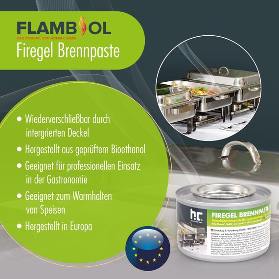 Höfer Chemie Firegel Brennpaste 24 x 200g - Zum Warmhalten von Speisen - Für Chafing Dish & Buffet - Aus Natürlichem Bioethanol - ca. 2,5 h Brenndauer