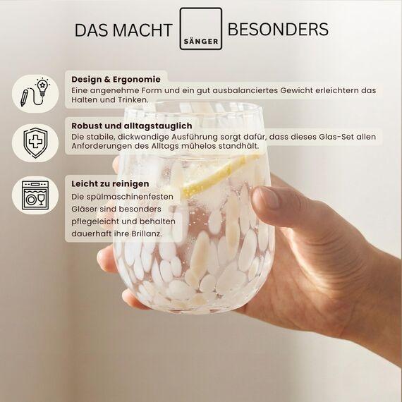 Sänger Trinkgläser Set Curacao 4-teiliges Gläser Set für 4 Personen aus Glas, Wasserglas, Weiß Beige, elegantes Design, Alltag, Familienessen, Büro, Outdoor Saftgläser Set | 320 ml