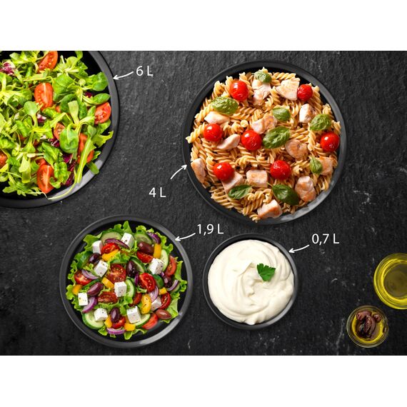 Hausfelder Salatschüssel mit Deckel groß 6L Set, 4 Kunststoff Schüsseln 6L/3,6L/1,9L/0,7L Anthrazit Schwarz, BPA-frei Camping Salatschüssel anthrazit schwarz, stapelbar spülmaschinenfest (10-teilig)