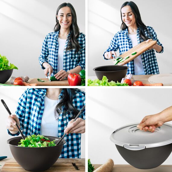 Hausfelder Salatschüssel mit Deckel Set groß - 8 Schüsseln 6L/3,6L/1,9L/0,7L mit Deckel, Salatbesteck & Sieb - Kunststoff BPA-frei Camping Küche - Stapelbar Spülmaschinenfest - 21-teilig