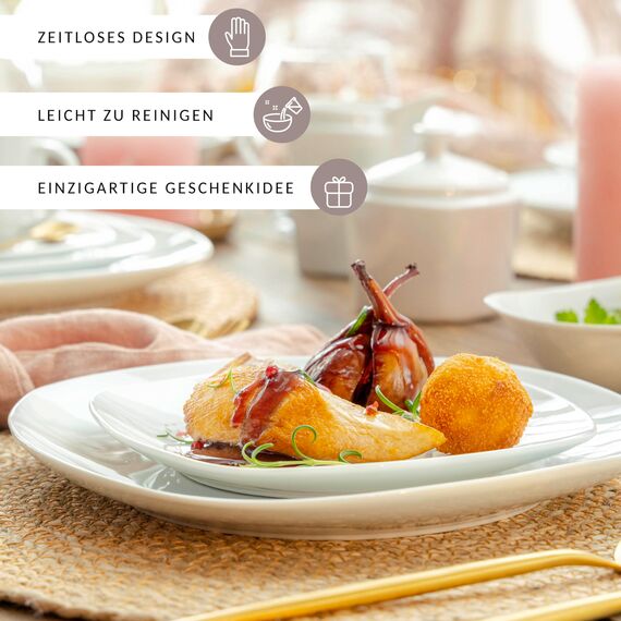 SÄNGER | Tafelservice Bilgola weiß, 24-teiliges Geschirrset aus Porzellan für 6 Personen, Teller Set Eckig, Speiseteller | PREMIUM COLLECTION