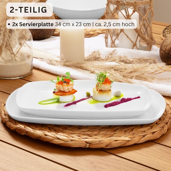 Sänger | Bilgola Servierplatten 2er Set – Porzellan Servierteller Weiß | rechteckige Teller mit abgerundeten Ecken 23 x 34 cm für Fleisch, Fisch & Snacks | Spülmaschinenfest | PREMIUM COLLECTION