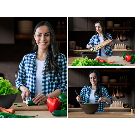 Hausfelder Salatschüssel mit Deckel groß 6L Set, 4 Kunststoff Schüsseln 6L/3,6L/1,9L/0,7L Anthrazit Schwarz, BPA-frei Camping Salatschüssel anthrazit schwarz, stapelbar spülmaschinenfest (10-teilig)