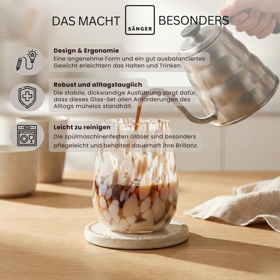 Sänger Trinkgläser Set Curacao 6-teiliges Gläser Set für 6 Personen aus Glas, Wasserglas, Mehrfarbig, einzigartiges Design, Alltag, Familienessen, Büro, Outdoor Saftgläser Set | 320 ml