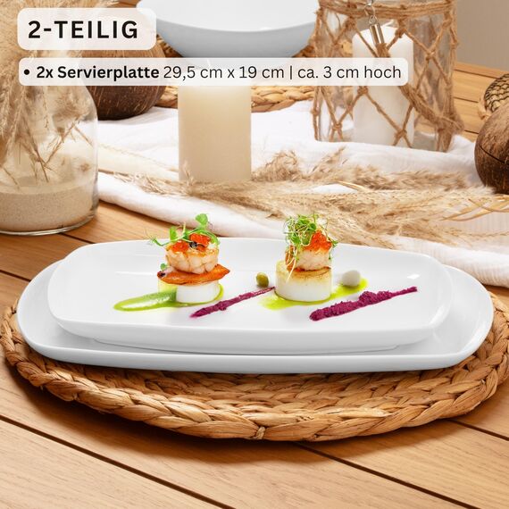 Sänger | Bilgola Servierplatten 2er Set – Porzellan Servierteller Weiß | rechteckige Teller mit abgerundeten Ecken 19 x 29,5 cm für Fleisch, Fisch & Snacks | Spülmaschinenfest | PREMIUM COLLECTION