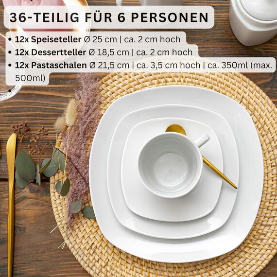 SÄNGER | Tafelservice Bilgola Weiß, 36-teiliges Geschirrset für 12 Personen mit Suppen-, Dessert-, & flachen Tellern aus Porzellan | PREMIUM COLLECTION