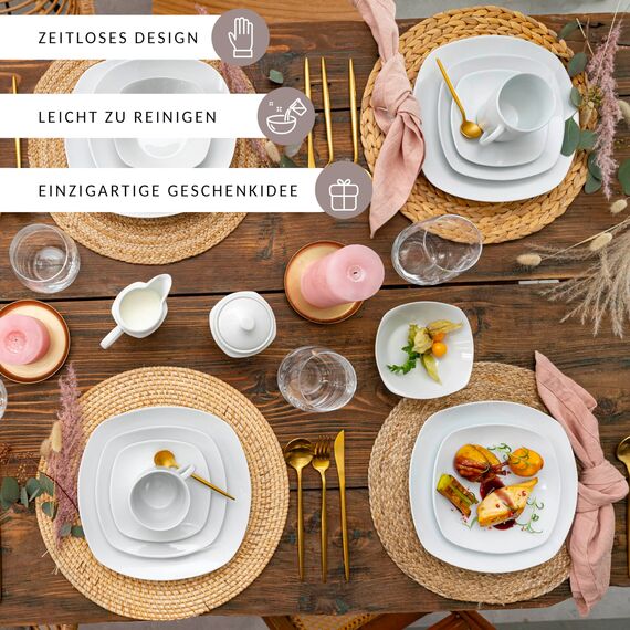 SÄNGER | Kombiservice Bilgola in weiß, 16-teiliges Geschirrset aus Porzellan für 4 Personen, Teller, Tassen, Schalen, Eckiges Design | PREMIUM COLLECTION