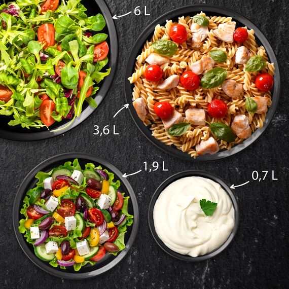 Hausfelder Salatschüssel mit Deckel Set groß - 8 Schüsseln 6L/3,6L/1,9L/0,7L mit Deckel, Salatbesteck & Sieb - Kunststoff BPA-frei Camping Küche - Stapelbar Spülmaschinenfest - 21-teilig