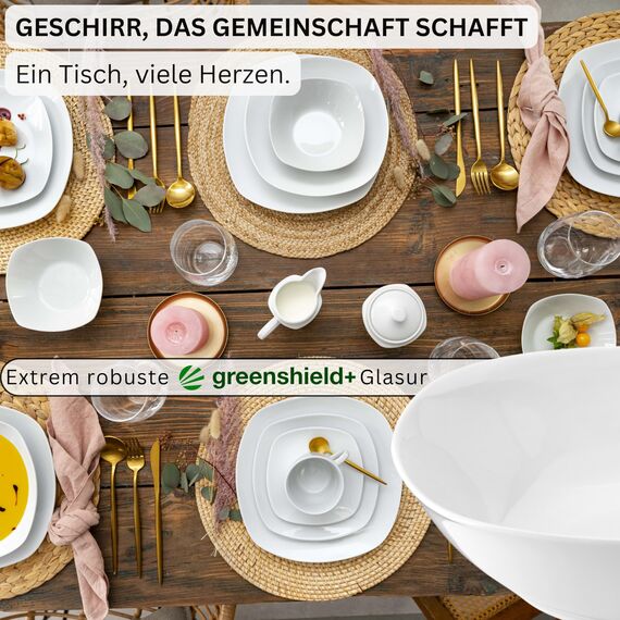 SÄNGER | Geschirrservice Bilgola in Weiß, 30-teiliges Geschirrset für 6 Personen - Teller, Kaffeebecher & Schalen, Eckiges Design, Teller-Set aus Porzellan, Komplettservice | PREMIUM COLLECTION