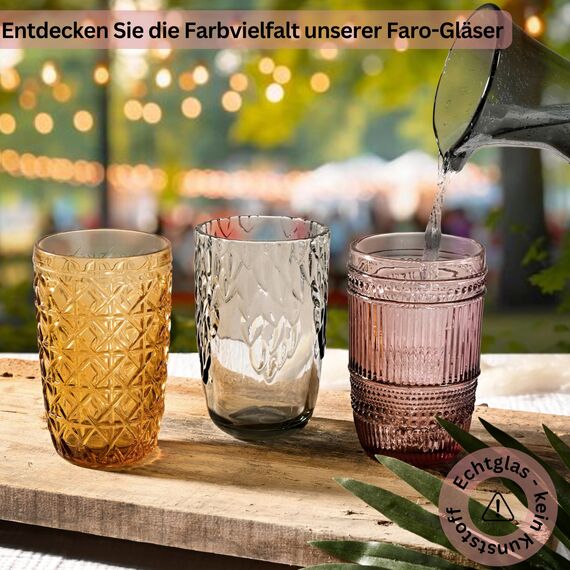 Sänger Trinkgläser Set Faro 6 teiliges Gläser Set für 6 Personen aus Glas, Wasserglas, Mehrfarbig, einzigartiger Schliff, Alltag, Familienessen, Büro, Outdoor Saftgläser Set | 330 ml