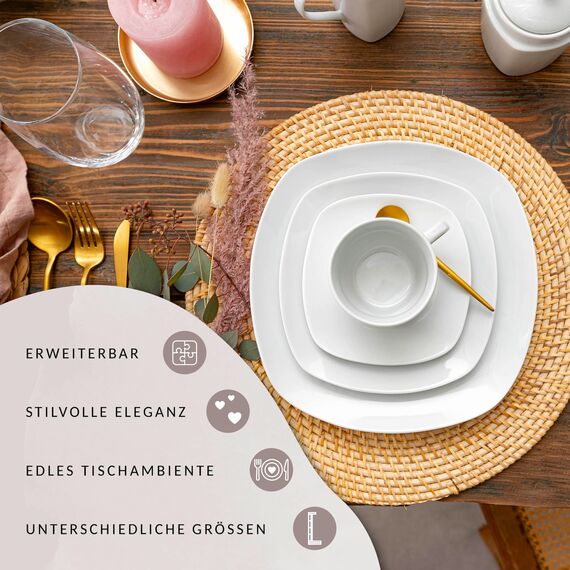 SÄNGER | Kombiservice Bilgola in weiß, 16-teiliges Geschirrset aus Porzellan für 4 Personen, Teller, Tassen, Schalen, Eckiges Design | PREMIUM COLLECTION