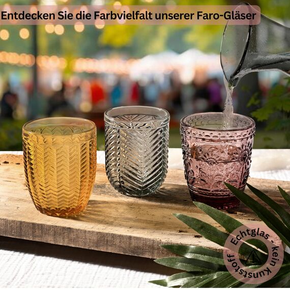 Sänger Trinkgläser Set Porto 6 teiliges Gläser Set für 6 Personen aus Glas, Wasserglas, Mehrfarbig, einzigartiger Schliff, Alltag, Familienessen, Büro, Outdoor Saftgläser Set | 310 ml