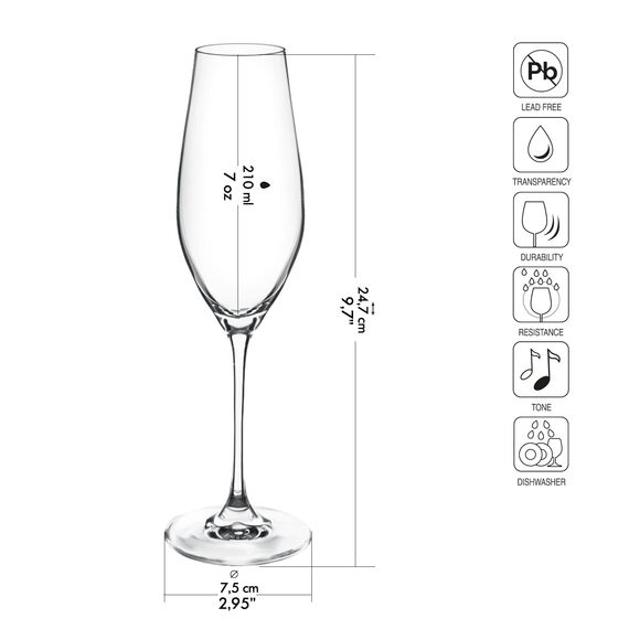 Krosno Champagnergläser Set – 6er Set | 210 ml | Splendour Kollektion | Crystalline Glas, bleifrei | Elegantes Design mit hohem Stiel | Für Sekt, Prosecco & festliche Anlässe