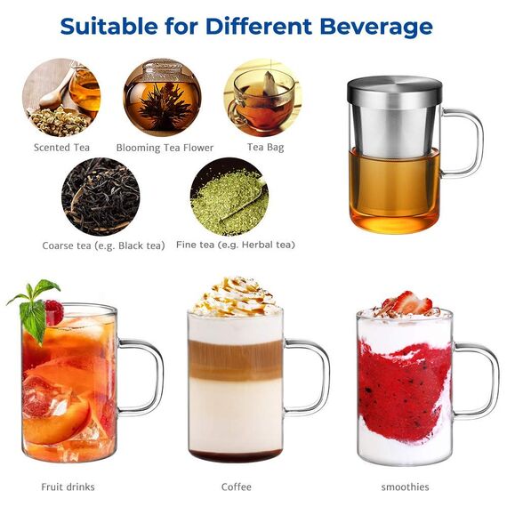 ecooe 500 ml(volle Kapazität) Glas Tasse mit Silberne Edelstahl Sieb und Deckel Teeglas Teebecher aus Borosilikat Teetasse