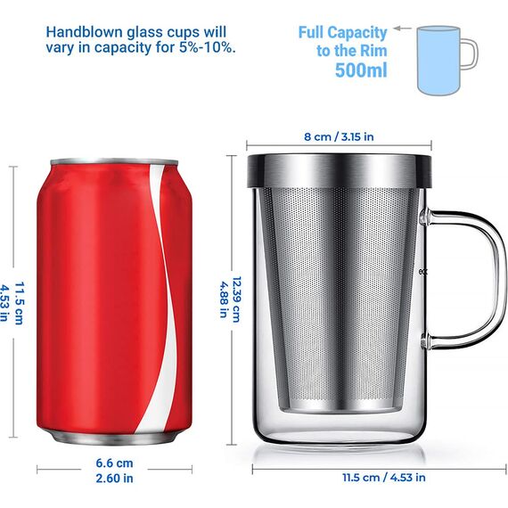 ecooe 500 ml(volle Kapazität) Glas Tasse mit Silberne Edelstahl Sieb und Deckel Teeglas Teebecher aus Borosilikat Teetasse