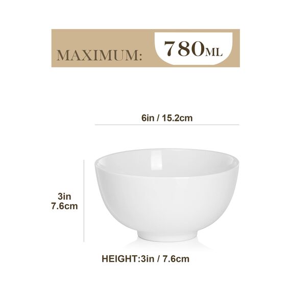 MALACASA Müslischalen 6er Set, 750 ml Porzellan Suppenschüssel in Cremeweiß, Bowl Schüssel, Dessertschalen, Müsli Schüssel für Salat, Suppen, Ramen, Obst, 15,2 x 15,2 x 7,6 cm, Serie Regular