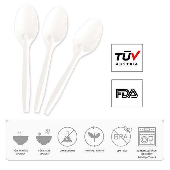 Linario® Mehrweglöffel aus Maisstärke - Nachhaltiges Besteck ohne Plastik - Stabiles hochwertiges Geschirr für Partys, Grill und Camping - 17cm (50)