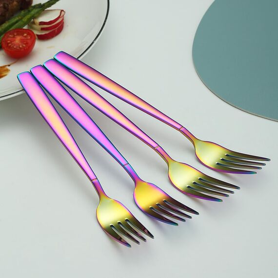 Berglander Regenbogen Tafelgabeln von 12 Stück, Titan bunt beschichtet Edelstahl Modernes Speisegabel-Set, Gabeln und Löffel Besteck, ideal für Zuhause, Restauroom, Hotel, Hochzeit, spülmaschinenfest