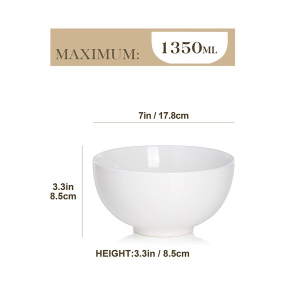 MALACASA, Serie Regular, 4-teilig Porzellan Cremeweiß Müslischalen Set, 1350ml Suppenschüssel Reisschale Bowl Essen, Snackschale Dessertschale für Salat, Suppen, Ramen, Obst usw. 17,8x17,8x8,5cm