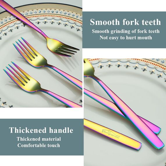 Berglander Regenbogen Tafelgabeln von 12 Stück, Titan bunt beschichtet Edelstahl Modernes Speisegabel-Set, Gabeln und Löffel Besteck, ideal für Zuhause, Restauroom, Hotel, Hochzeit, spülmaschinenfest
