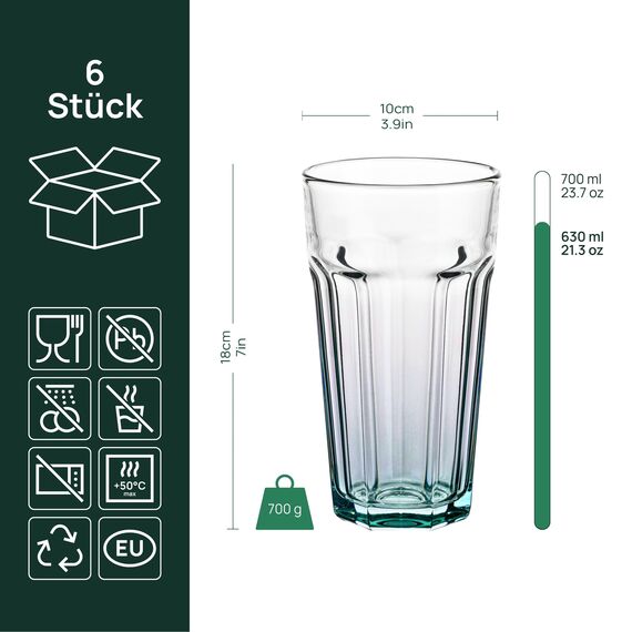 TREND FOR HOME Cocktailgläser Groß Trinkglas Cuba Libre Gläser, 700 ml, Set von 6, Cocktail Highball Wasser Glässerset XXL Tumblers Retro Design, GIGI Kollektion, WATERCOLOR OMBRE-Handwäsche