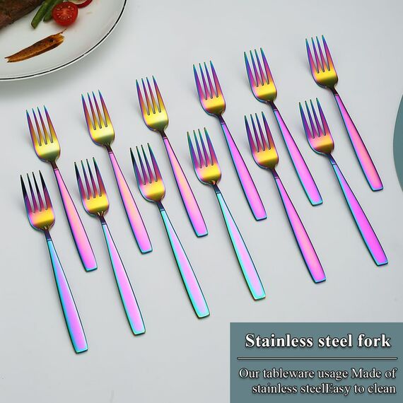 Berglander Regenbogen Tafelgabeln von 12 Stück, Titan bunt beschichtet Edelstahl Modernes Speisegabel-Set, Gabeln und Löffel Besteck, ideal für Zuhause, Restauroom, Hotel, Hochzeit, spülmaschinenfest