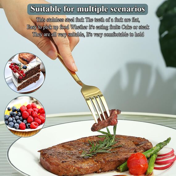 Berglander Gold Tafelgabeln von 12 Stück, Titanvergoldung Edelstahl Modernes Speisegabel-Set, Gabeln und Löffel Besteck, ideal für Zuhause, Toilettenzimmer, Hotel, Hochzeit, spülmaschinenfest