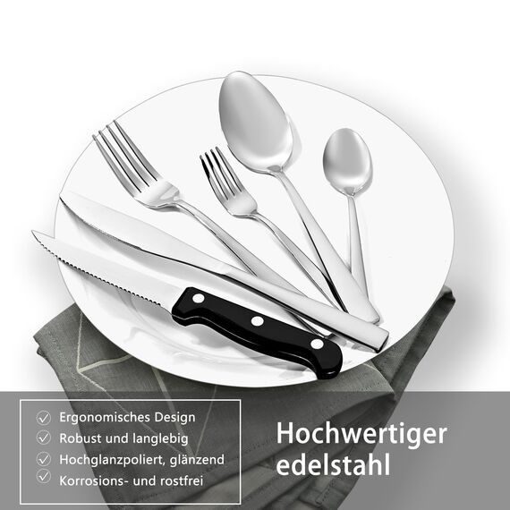 Besteck Set 6 Personen 36-teilig Edelstahl - Besteckset Spülmaschinenfest mit Steakmesser, Tafelmesser, Gabeln, Löffel, Kaffeelöffel - Rostfreies Tafelbesteck Set für 6 Personen - Modernes Design