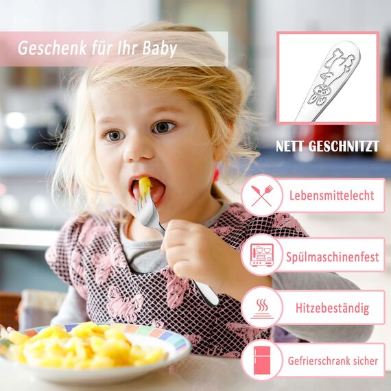 DoubleS Kinderbesteck mit Gravur, 4-teilig Edelstahl Kinder Besteckset Individualisiert Taufe Geschenke Mädchen Jungen, kinderbesteck ab 3 jahre