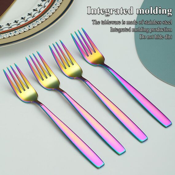 Berglander Regenbogen Tafelgabeln von 12 Stück, Titan bunt beschichtet Edelstahl Modernes Speisegabel-Set, Gabeln und Löffel Besteck, ideal für Zuhause, Restauroom, Hotel, Hochzeit, spülmaschinenfest