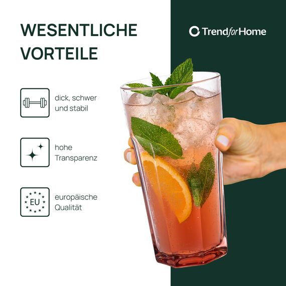 TREND FOR HOME Cocktailgläser Groß Trinkglas Cuba Libre Gläser, 700 ml, Set von 6, Cocktail Highball Wasser Glässerset XXL Tumblers Retro Design, GIGI Kollektion, WATERCOLOR OMBRE-Handwäsche