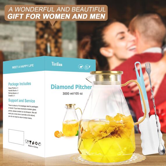 Yirilan 3-Liter-Glaskrug mit Deckel - Wasser- und Eistee-Karaffel für den Kühlschrank - Großer Getränkekrug für Saft