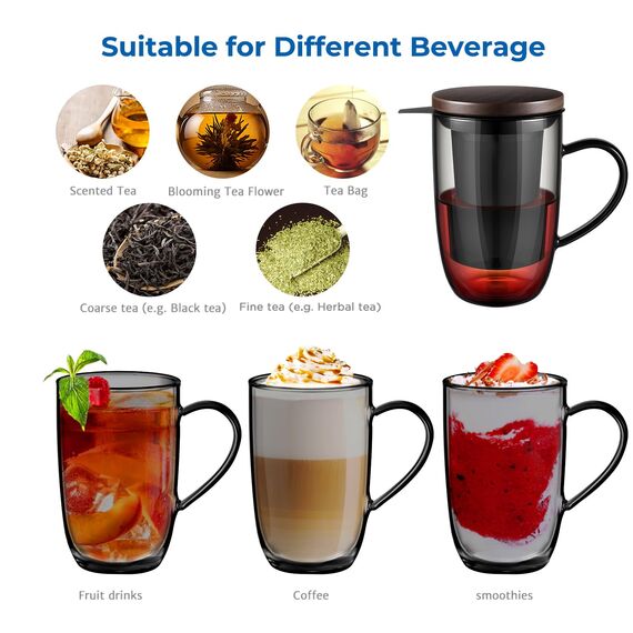 ecooe 440 ml Schwarze Glas Teetasse Borosilikat Teebecher Teeglas mit Ultrafein 18/8 Edelstahlsieb Natürlicher Bambus Deckle Verdickter für Kaffee Saft Kohlensäurehaltige Getränke Milch Joghurt