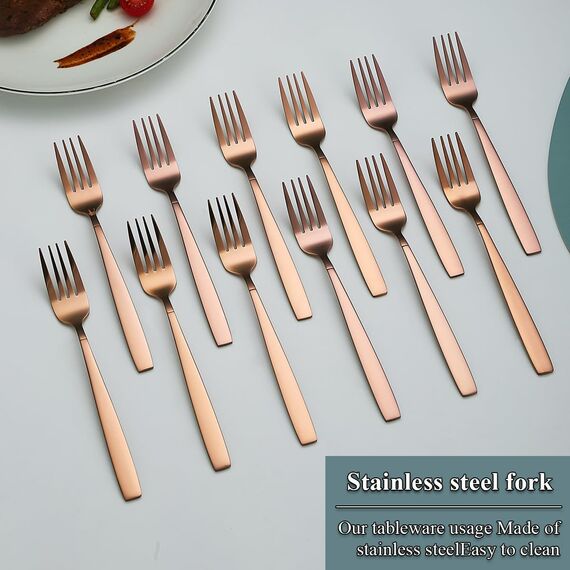 Berglander Roségold Tafelgabeln von 12 Stück, Titanverkupferung Edelstahl Modernes Speisegabel-Set, Gabeln und Löffel Besteck, ideal für Zuhause, Toilettenzimmer, Hotel, Hochzeit, spülmaschinenfest