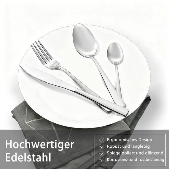 Otto Koning Leipzig, Besteck Set 6 Personen, Essbesteck Set 24 teilig, Besteck Edelstahl, Hochglanzpoliert, Dicke 3 mm. Modernem und Schlichtem Design.