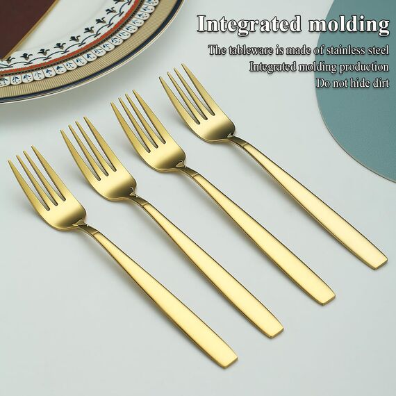 Berglander Gold Tafelgabeln von 12 Stück, Titanvergoldung Edelstahl Modernes Speisegabel-Set, Gabeln und Löffel Besteck, ideal für Zuhause, Toilettenzimmer, Hotel, Hochzeit, spülmaschinenfest