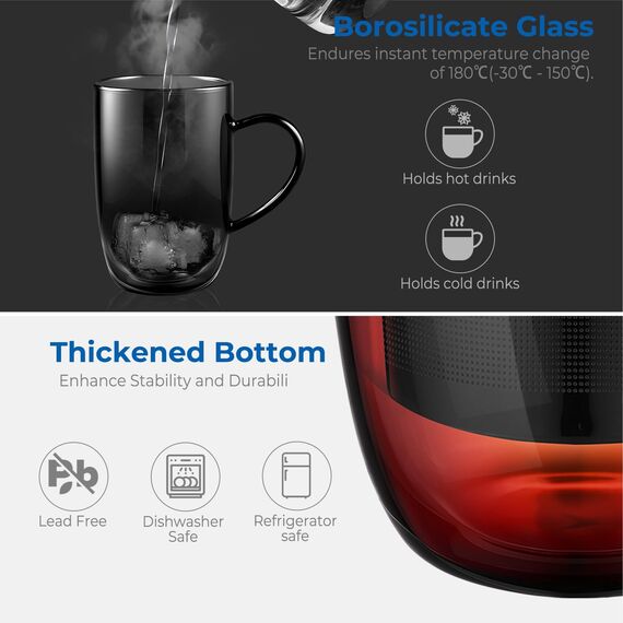 ecooe 440 ml Schwarze Glas Teetasse Borosilikat Teebecher Teeglas mit Ultrafein 18/8 Edelstahlsieb Natürlicher Bambus Deckle Verdickter für Kaffee Saft Kohlensäurehaltige Getränke Milch Joghurt