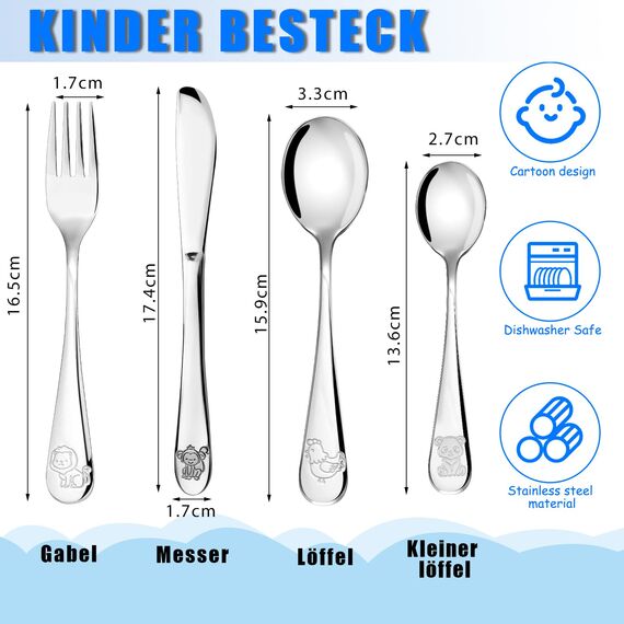 Doubles Kinderbesteck Set 4-teilig, Edelstahl Tiere Kinderbesteck ab 3 Jahre Spülmaschinengeeignet Individualisiert Taufgeschenke Besteck Kinder für Mädchen und Jungen - Camping Schultüte Geschenk