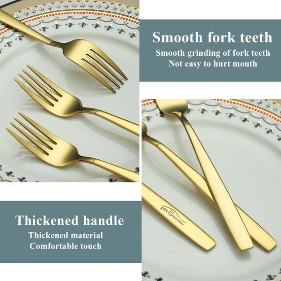 Berglander Gold Tafelgabeln von 12 Stück, Titanvergoldung Edelstahl Modernes Speisegabel-Set, Gabeln und Löffel Besteck, ideal für Zuhause, Toilettenzimmer, Hotel, Hochzeit, spülmaschinenfest