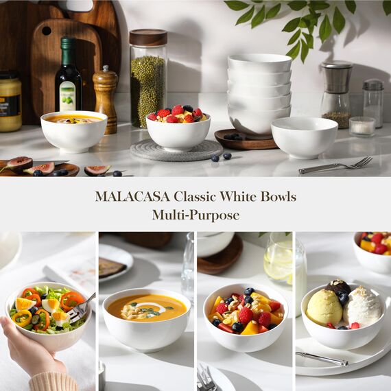 MALACASA, Serie Regular, 8-teiliges Müslischalen-Set in Cremeweiß, 420 ml Mini-Suppenschüssel aus Porzellan, Bowl Schüssel, Reisschale, Dessertschale für Salat, Suppen, Ramen und Obst, 12,8x12,8x6,5cm