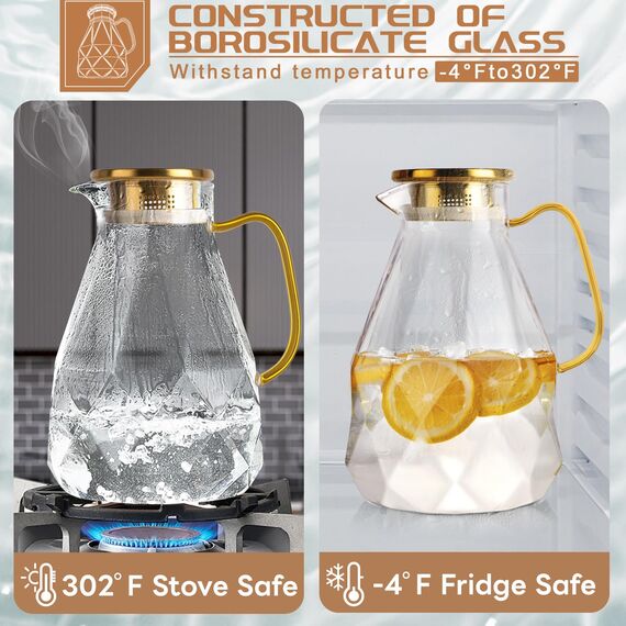 Yirilan 3-Liter-Glaskrug mit Deckel - Wasser- und Eistee-Karaffel für den Kühlschrank - Großer Getränkekrug für Saft