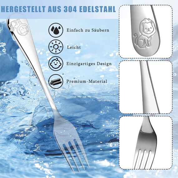 Doubles Kinderbesteck Set 4-teilig, Edelstahl Tiere Kinderbesteck ab 3 Jahre Spülmaschinengeeignet Individualisiert Taufgeschenke Besteck Kinder für Mädchen und Jungen - Camping Schultüte Geschenk