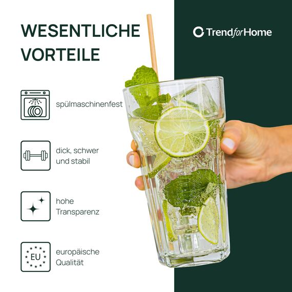 TREND FOR HOME Cocktailgläser Groß Trinkglas Caipirinha Gläser 630 ml Set von 6 Cocktail Highball Wasser Glässerset XXL Tumblers Retro Design Spülmaschinenfest Kollektion Alva Transparent
