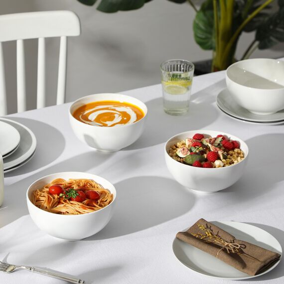 MALACASA, Serie Regular, 4-teilig Porzellan Cremeweiß Müslischalen Set, 1350ml Suppenschüssel Reisschale Bowl Essen, Snackschale Dessertschale für Salat, Suppen, Ramen, Obst usw. 17,8x17,8x8,5cm