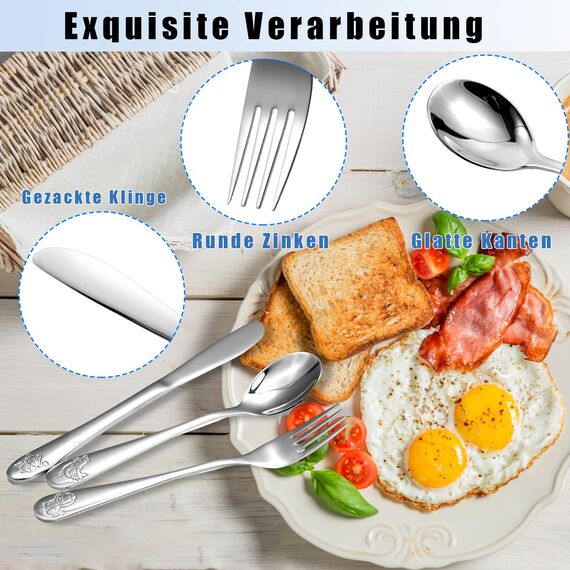 Doubles Kinderbesteck Set 4-teilig, Edelstahl Tiere Kinderbesteck ab 3 Jahre Spülmaschinengeeignet Individualisiert Taufgeschenke Besteck Kinder für Mädchen und Jungen - Camping Schultüte Geschenk