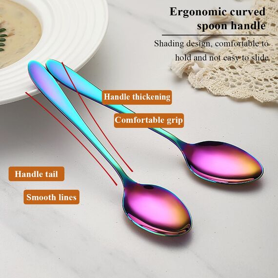 Berglander Regenbogen Suppenlöffel 12 Stück, Titan bunte Beschichtung Edelstahl Esslöffel, Esslöffel, Löffel Besteck für Zuhause, Restaurant, Hotel, Täglicher Gebrauch, spülmaschinenfest