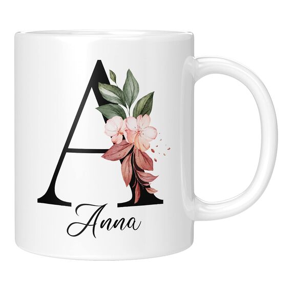 Personalisierte Tasse - Namens-Tasse mit Blumen Motiv - mit Ihrem Anfangsbuchstaben und Namen - personalisiert - Geburtstag - Kaffeetasse - beidseitig bedruckt - Geschenke für Frauen (Weiß)