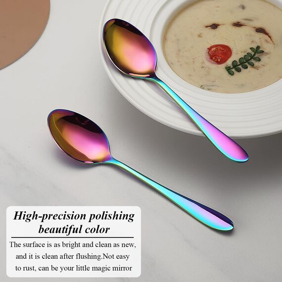 Berglander Regenbogen Suppenlöffel 12 Stück, Titan bunte Beschichtung Edelstahl Esslöffel, Esslöffel, Löffel Besteck für Zuhause, Restaurant, Hotel, Täglicher Gebrauch, spülmaschinenfest