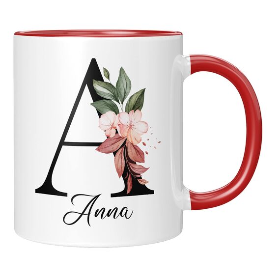Personalisierte Tasse - Namens-Tasse mit Blumen Motiv - mit Ihrem Anfangsbuchstaben und Namen - personalisiert - Geburtstag - Kaffeetasse - beidseitig bedruckt - Geschenke für Frauen (Rot)